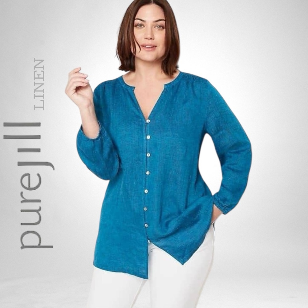 J. Jill PureJill Linen Jewel Blue Button-up Split V-Neck Top 3/4 Sleeves Size MP